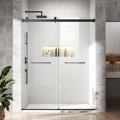 BATHWILLER 44-48 W x 76 H Double Sliding Shower Door, 5/16 (8mm) Clear Tempered Glass Frameless Shower Door with Nano Easy Clean Coating, Stainless Steel Hardware, Matte Black