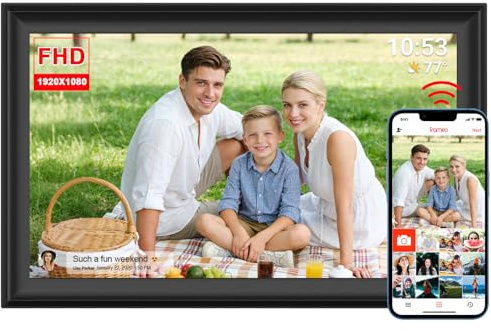 FRAMEO 15,6-tums WiFi digital bildram 1920 x 1080 FHD stor 32 GB smart digital fotoram IPS pekskärm bilrotation väggmonterad foton/videor direkt via FRAMEO App