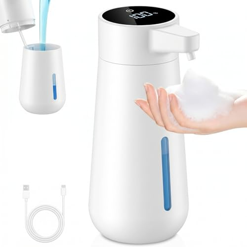Dispensador automático de jabón de Espuma, Gran Capacidad de 450 ml con indicador LED, Sensor infrarrojo sin Contacto, batería de 1800 mAh, USB, 4 Niveles Ajustables, Color Blanco para baño, Cocina y