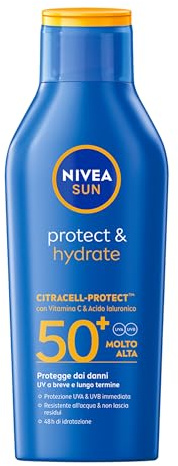 NIVEA SUN Protect & Hydrate SPF 50+ 400 ml, Crema solare 50+ idratante 48h ad assorbimento rapido, Protezione solare 50+ resistente all'acqua arricchita con Vitamina C e Acido Ialuronico