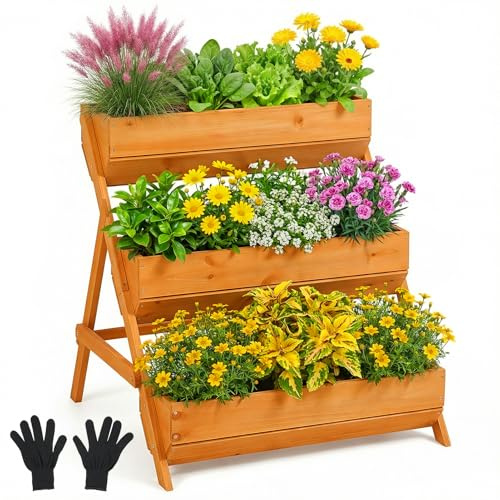 Warmiehomy 3 Tier Raised Garden Bed with Drainage Holes, Brown | Wooden Planter Kit, Outdoor Elevated Planter Box for Vegetables, Flowers, Herbs, 65 x 75 x 76 cm