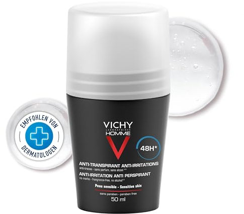 Vichy Desodorante en Formato Roll-On Para Hombre, Antimarcas, Antitranspirante, Apto Para Pieles Sensibles, Protección con Hasta 48 Horas de Eficacia, 50 ml