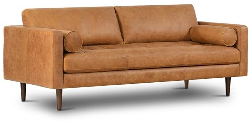 POLY & BARK Napa 88.5 Leather Sofa – Full-Grain Italian-Tanned Aniline Leather, Feather-Down Comfort, Solid Wood Frame, Walnut Legs, Cognac Tan