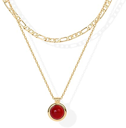PAVOI 14K Yellow Gold Plated Layered Necklaces for Women | Carnelian Gemstone Pendant Figaro Chain Necklace | Layering Necklace