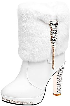 Women's Winter Fur Warm Plush Ankle Boots,Fashion Rhinestones Deco Side Zipper Non-Slip Warm Closure Chunky High Heel Snow Boots (White,9)