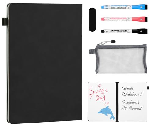 AGM A4 Mini Whiteboard, Kleines Whiteboard, tragbare Schreibtafel mit 3 Farbstiften, Radiergummi und Netztasche für Büro, Arbeitszimmer, Klassenzimmer und Zuhause – Schwarz