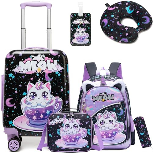 HTgroce 5pcs Valise Cabine con Mochila Rigide ABS 4 Roues Bagage Maleta Infantil Gato