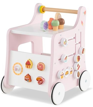 LIFEZEAL Lauflernhilfe Holz, Baby Lauflernwagen mit süßem Zubehör, Montessori Lauflernspielzeug mit Rädern, Baby Walker Spielzeug für Kinder ab 1 Jahr (Rosa)