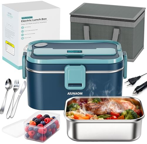 AIUNAOM Fiambrera Eléctrica 1.8L 80W, 3 en 1 para 12V/24V/220V, Acero Inoxidable y Fácil de Limpiar, Calentamiento Rápido para Coche y Hogar