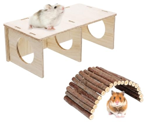 2Pcs Hamster House Set, Natural Wood Multi-Chamber Hamster Hideout and Bendable Bridge, Tool-Free Cage Accessories for Syrian Hamsters and Small Rodents