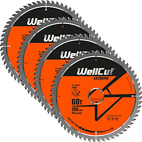 WellCut TCT Saw Blade 190mm x 60T x 30mm Bore Suitable for 5703R, DWE576, DW62, C7U2, GKS190, GKS65 Pack of 4