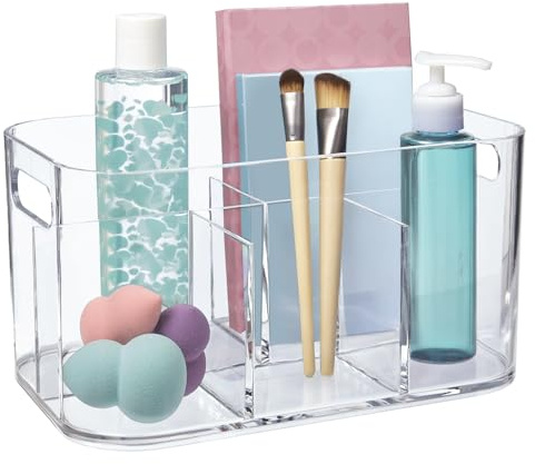 STORi Bliss - Organizador de cosméticos de plástico de 5 compartimentos | Transparente | Contenedor de maquillaje dividido rectangular y organizador de almacenamiento de tocador con asas de paso |