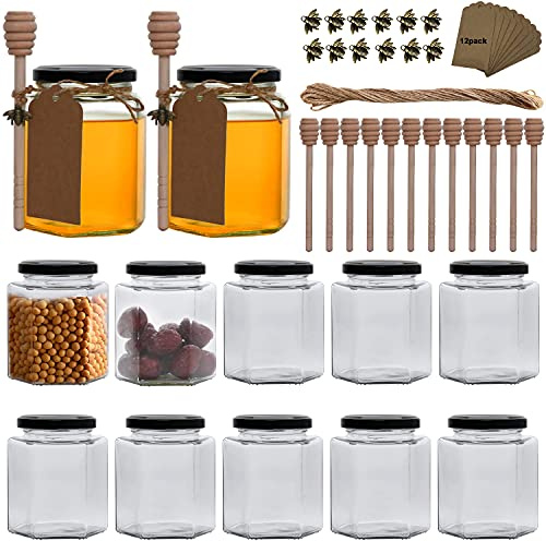 16 oz Hexagon Glass Honey Jars, 12 Pack Hexagon Glass Jars with Black Lids,Wooden Honey Sticks,Bronzy Bee Pendants,Big Tags,15m Jute Twine for Party Favors-Mason Jars for Foods,Jams……
