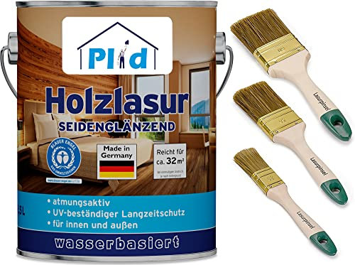PLID® Holzlasur Innen & Aussen Nussbaum 2,5L - Holzschutzlasur Außen mit UV beständigem Langzeitschutz- Grundierung Holz Außen - Holzschutzgel - Holz Lasur atmungsaktiv - Made in Germany Set