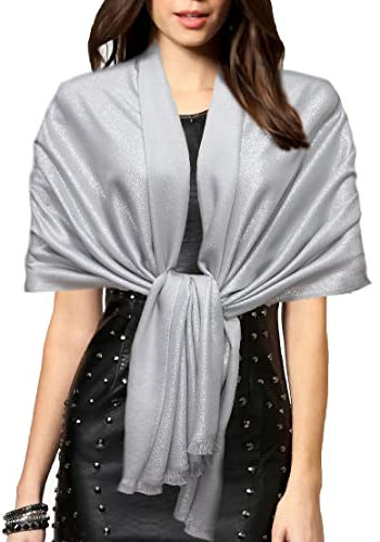Gragengs Funken Metallic Pashmina Schals und Stola für Damen, Lange Party Tücher Einheitliche Farbe Zwei Töne,Hellgrau/Silber