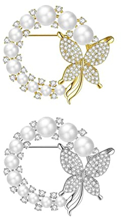 Weenkeey 2 broches perlas mariposa, broche corona, broche boda, broches novia, broche diamantes imitación cristal, broche solapa para vestidos, camisas y abrigos, color dorado y plateado