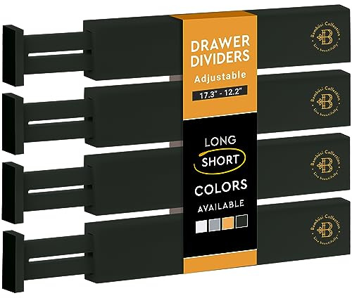 4-Pack Bamboo Drawer Dividers - 12.2 to 17.3 Inches Deep, 2.6 Inches High, Adjustable Expandable Drawer Organizer Dresser Separator for Clothes, Utensils, Kitchen, Bathroom, Office Storage, Black