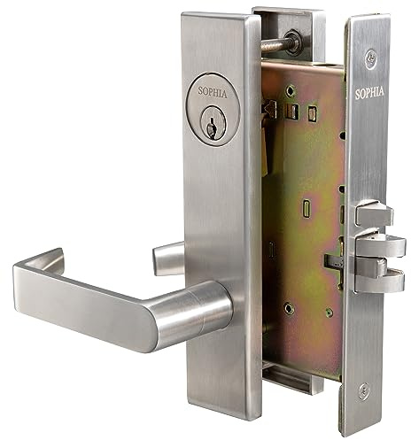 SOPHIA Commercial Heavy Duty Mortise Lockset Door Lever Lock Non-Handed Grade 1 Door Handle - Escutcheon Plate Keyed Lever Lockset, ADA, US32D Satin Chrome Finish for Storeroom Door