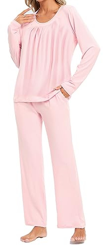 Famulily Cómodo pijama para mujer Lounge Wear Sets Pantalones largos con camisón plisado Ropa de dormir con bolsillos S-XXL, Rosa., XL