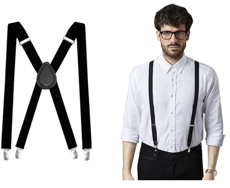 Pumuky Bretelles Homme et Femme en X Larges Réglable 4 Clips - 2.5cm (Noir)