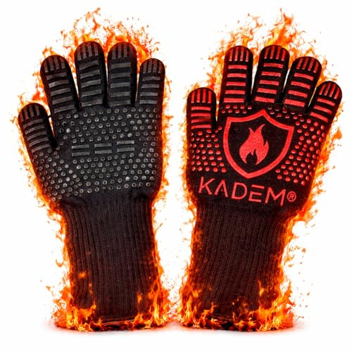 Kadem® Unisex kvinnor och män, grillhandskar, värmebeständiga upp till 800 °C | Ugnshandskar ugnshandskar eldstadshandskar matlagningshandskar | brandsäkra halkfria rubin S/M