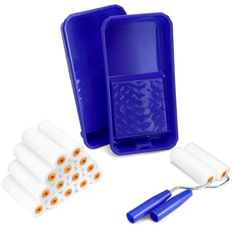 QWORK® Set de rodillos y bandejas de pintura - 16 rodillos de espuma de 11 cm rectos, 2 soportes rodillos, 2 bandejas pintura