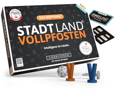 DENKRIESEN - Stadt Land Vollpfosten® Das Brettspiel | Grundspiel inkl. Junior Erweiterung | Ab 8 Jahren | 4-12 Spieler | Partyspiel | Blitzwürfeln & Langen Spielrunden | Familienspiel