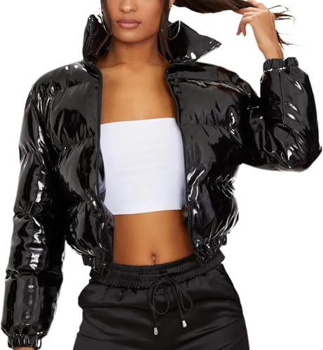 Femmes Cropped Puffer Veste Hiver Brillant Zip Up Courte Bulle Gonflée Manteaux (Noir,XXL)
