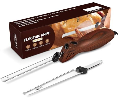 MOVNO Coltello elettrico per affettare carne, intagliare tacchino, pane, pollame, filetto, schiuma artigianale e altro, 2 lame seghettate in acciaio inox alternative, manico ergonomico, cavo da 152,4