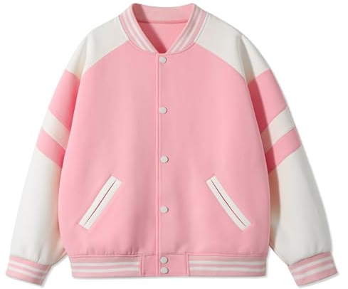 Rolanko Chaqueta de Béisbol para Niñas y Niños Estilo Varsity Sudadera Escolar con Bolsillos Abrigo Bomber para Niños, Rosa, Talla: 130, 7-8 años