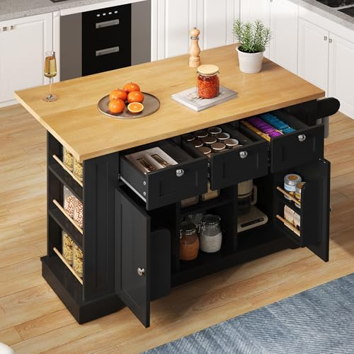 Soweiz Tavolo da cucina mobile, piano di lavoro pieghevole, armadio multifunzione, cassetto, portaspezie, portasciugamani, 5 ruote, presa integrata, cucina/pranzo (nero + naturale)