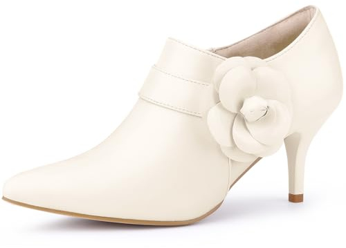 Allegra K Women's Flower Pointy Toe Side Zip Stiletto Heels Ankle Booties Milky White 6.5 UK/Label Size 8.5 US