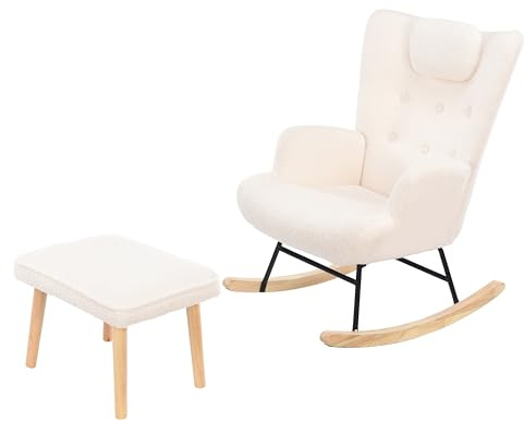 MEXUS - Silla mecedora de salón con taburete, altura 89 cm, con reposacabezas y reposapiés, patas de madera, apta para adultos y niños (Beige)