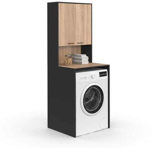 IDMarket Wallis – Mueble para lavadora con armario negro y madera de haya