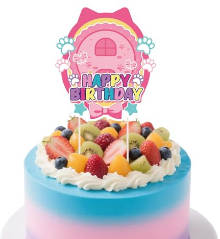 Cartoon Dollhouse Cake Topper, 15x13.5cm/5.9x5.31in Pink Cat Themed Cake Decorations with Paper Sticks & for Girls Birthday Parties