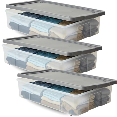 SIDSONS - 3x Clear 47L Rolling Underbed Storage Box - Plastic Container Boxes With Silver Lid & Wheels - Organizer Under Bed Stackable Bin - Space Saving For Bedroom, Home & Office