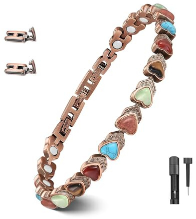 LuminaVerde Pulsera de cobre para mujeres, pulsera magnética ajustable y anillo con imanes y piedras naturales, joyería de regalo