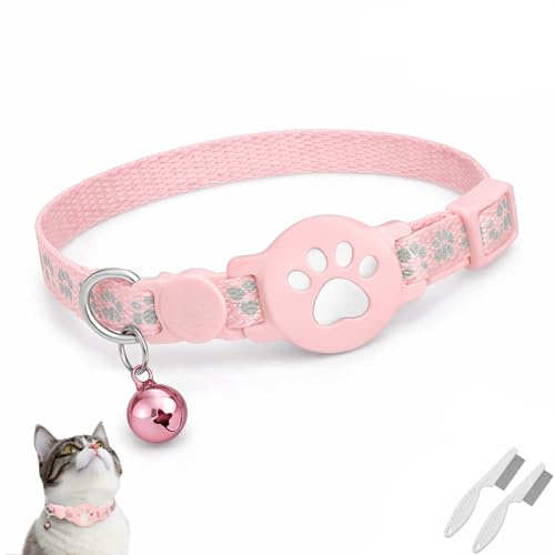Collare GPS per Gatto con Striscia Riflettente, Localizzatore GPS per Gatti Compatibile Apple e Android, Senza SIM e Abbonamento, Tracker Anti-Smarrimento (Rosa, Versione Android)