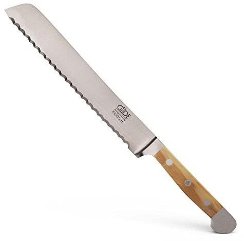 Güde Solingen - Cuchillo de pan forjado para zurdos, 21 cm, madera de olivo, ALPHA-OLIVE - doble virola, Hecho a mano en Alemania