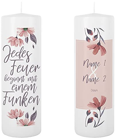 Herz & Heim® Hochzeitskerze mit Namen und Datum Jedes Feuer beginnt mit einem Funken
