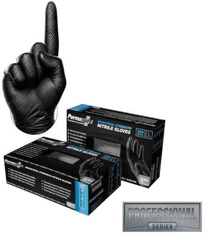 PermaSafe HD Black Disposable Nitrile Industrial Gloves, 6+ Mil, Latex-Free, Raised Textured, Mechanics, Medical, Food, More - Large Box of 100
