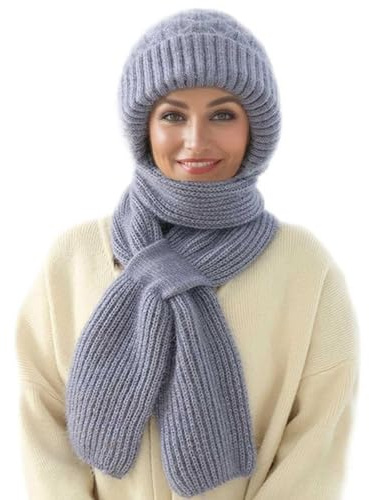 MissFox Bonnet Echarpe Femme, 2 en 1 Echarpe Capuche Hiver Chaud, Écharpe Coupe-vent avec Protection Auditive Intégrée, Bonnet et Echarpe Integre, Bonnets Tricoté Épais pour Femmes