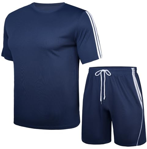 Nieery Träningsoverall för män t-shirt och shorts set sport nät träningsoverall kläder kortärmad kostym set vardaglig löpning sport svett träningskläder med fickor, marinblå, XXL