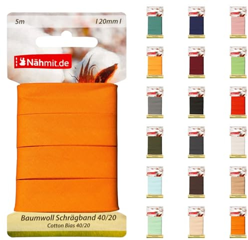 Sydd med 5 m kort bomull snedband, 100 % bomull 20 mm brett – 40/20 förstruket snedband (A06-orange, 5 m kort)