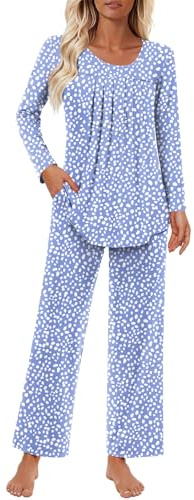 Findsweet Women's Pajama Set 2 Piece Lounge Outfits Soft Sleepwear Fall Long Sleeve Long Pant With Pockets Ladies Pjs XL, Speckled Blue