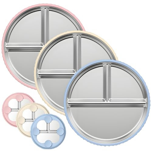 Qshare 3 Stück Edelstahl Babyteller mit Saugnapf, kinder geschirr set, Geteilte Standfeste Esslernteller Geteilte Teller - BPA-Frei - Auslaufsicher, spülmaschinenfest