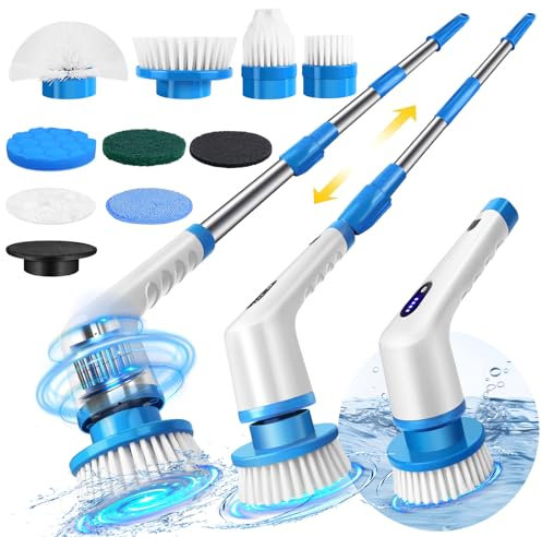 Electric Spin Scrubber,Cordless Cleaning Brush,Shower Cleaning Brush with 9 Replaceable Brush Heads, Power Scrubber 2 Speeds,Adjustable & Detachable Long Handle, for Bathroom, Kitchen Cleaning