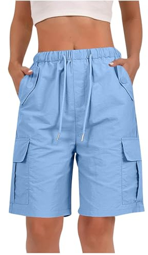 RLEHJN Cargo Shorts Women UK Clearance, Ladies Bermuda Shorts Baggy Short Cargo Pants with Multiple Pockets Summer Drawstring Elasticated Waist Half Pants for Outdoor Hiking Work Travel Golf Blue