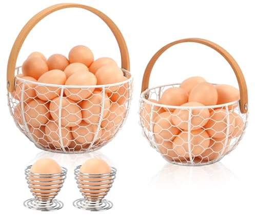Mulaibdin Lot de 2 corbeilles à œufs en fil métallique avec anse, panier de récolte rond en métal vintage pour fruits, légumes, ferme, cuisine (blanc)