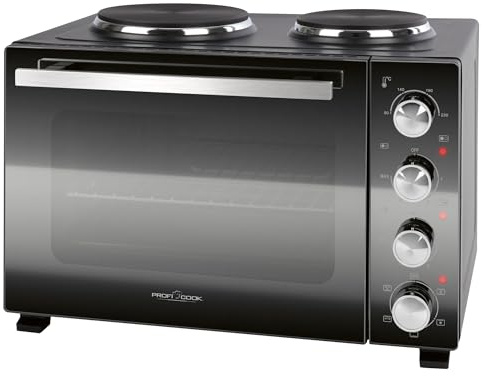 ProfiCook Minibackofen mit Kochplatten und Drehspieß | 32L | Umluft, Oberhitze, Unterhitze, Drehspieß | Kochen und Backen gleichzeitig | Backofen klein | Mini Backofen mit Umluft | PC KK 1302